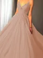 Ball-Gown Princess Spaghetti Straps Sleeveless Sweep Train Majestic Tulle Prom Dress With Applique