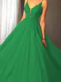 Ball-Gown Princess Spaghetti Straps Sleeveless Sweep Train Majestic Tulle Prom Dress With Applique