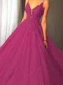 Ball-Gown Princess Spaghetti Straps Sleeveless Sweep Train Majestic Tulle Prom Dress With Applique
