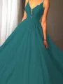 Ball-Gown Princess Spaghetti Straps Sleeveless Sweep Train Majestic Tulle Prom Dress With Applique