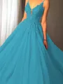 Ball-Gown Princess Spaghetti Straps Sleeveless Sweep Train Majestic Tulle Prom Dress With Applique