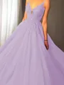 Ball-Gown Princess Spaghetti Straps Sleeveless Sweep Train Majestic Tulle Prom Dress With Applique