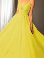 Ball-Gown Princess Spaghetti Straps Sleeveless Sweep Train Majestic Tulle Prom Dress With Applique