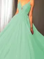 Ball-Gown Princess Spaghetti Straps Sleeveless Sweep Train Majestic Tulle Prom Dress With Applique