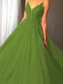 Ball-Gown Princess Spaghetti Straps Sleeveless Sweep Train Majestic Tulle Prom Dress With Applique