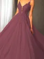 Ball-Gown Princess Spaghetti Straps Sleeveless Sweep Train Majestic Tulle Prom Dress With Applique