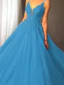 Ball-Gown Princess Spaghetti Straps Sleeveless Sweep Train Majestic Tulle Prom Dress With Applique