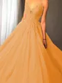 Ball-Gown Princess Spaghetti Straps Sleeveless Sweep Train Majestic Tulle Prom Dress With Applique