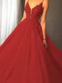 Ball-Gown Princess Spaghetti Straps Sleeveless Sweep Train Majestic Tulle Prom Dress With Applique