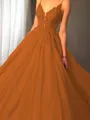 Ball-Gown Princess Spaghetti Straps Sleeveless Sweep Train Majestic Tulle Prom Dress With Applique