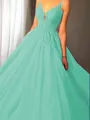 Ball-Gown Princess Spaghetti Straps Sleeveless Sweep Train Majestic Tulle Prom Dress With Applique