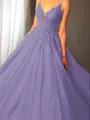 Ball-Gown Princess Spaghetti Straps Sleeveless Sweep Train Majestic Tulle Prom Dress With Applique