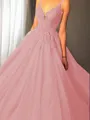 Ball-Gown Princess Spaghetti Straps Sleeveless Sweep Train Majestic Tulle Prom Dress With Applique