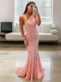Lustrous Sheath/Column One-Shoulder Sleeveless Sweep Train Velvet Sequins Prom Dress