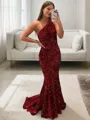 Lustrous Sheath/Column One-Shoulder Sleeveless Sweep Train Velvet Sequins Prom Dress