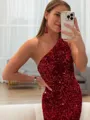 Lustrous Sheath/Column One-Shoulder Sleeveless Sweep Train Velvet Sequins Prom Dress