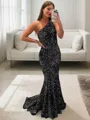 Lustrous Sheath/Column One-Shoulder Sleeveless Sweep Train Velvet Sequins Prom Dress