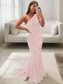 Lustrous Sheath/Column One-Shoulder Sleeveless Sweep Train Velvet Sequins Prom Dress