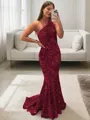 Lustrous Sheath/Column One-Shoulder Sleeveless Sweep Train Velvet Sequins Prom Dress