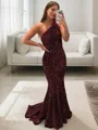 Lustrous Sheath/Column One-Shoulder Sleeveless Sweep Train Velvet Sequins Prom Dress