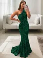Lustrous Sheath/Column One-Shoulder Sleeveless Sweep Train Velvet Sequins Prom Dress