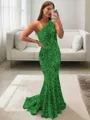Lustrous Sheath/Column One-Shoulder Sleeveless Sweep Train Velvet Sequins Prom Dress