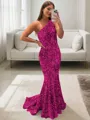 Lustrous Sheath/Column One-Shoulder Sleeveless Sweep Train Velvet Sequins Prom Dress