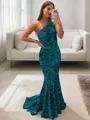 Lustrous Sheath/Column One-Shoulder Sleeveless Sweep Train Velvet Sequins Prom Dress