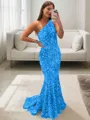 Lustrous Sheath/Column One-Shoulder Sleeveless Sweep Train Velvet Sequins Prom Dress