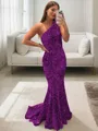 Lustrous Sheath/Column One-Shoulder Sleeveless Sweep Train Velvet Sequins Prom Dress
