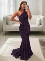Lustrous Sheath/Column One-Shoulder Sleeveless Sweep Train Velvet Sequins Prom Dress