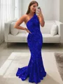 Lustrous Sheath/Column One-Shoulder Sleeveless Sweep Train Velvet Sequins Prom Dress