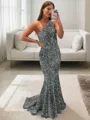 Lustrous Sheath/Column One-Shoulder Sleeveless Sweep Train Velvet Sequins Prom Dress