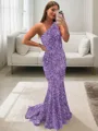 Lustrous Sheath/Column One-Shoulder Sleeveless Sweep Train Velvet Sequins Prom Dress