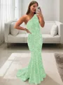 Lustrous Sheath/Column One-Shoulder Sleeveless Sweep Train Velvet Sequins Prom Dress
