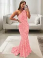 Lustrous Sheath/Column One-Shoulder Sleeveless Sweep Train Velvet Sequins Prom Dress
