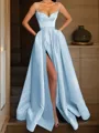 A-line Spaghetti Straps Sleeveless Delicate Floor-Length Satin Corset Prom Dress With Pockets Slit