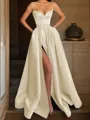 A-line Spaghetti Straps Sleeveless Delicate Floor-Length Satin Corset Prom Dress With Pockets Slit