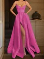 A-line Spaghetti Straps Sleeveless Delicate Floor-Length Satin Corset Prom Dress With Pockets Slit