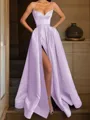 A-line Spaghetti Straps Sleeveless Delicate Floor-Length Satin Corset Prom Dress With Pockets Slit