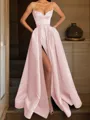 A-line Spaghetti Straps Sleeveless Delicate Floor-Length Satin Corset Prom Dress With Pockets Slit