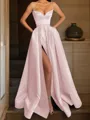 A-line Spaghetti Straps Sleeveless Delicate Floor-Length Satin Corset Prom Dress With Pockets Slit
