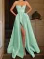 A-line Spaghetti Straps Sleeveless Delicate Floor-Length Satin Corset Prom Dress With Pockets Slit