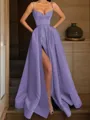 A-line Spaghetti Straps Sleeveless Delicate Floor-Length Satin Corset Prom Dress With Pockets Slit