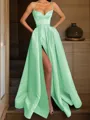 A-line Spaghetti Straps Sleeveless Delicate Floor-Length Satin Corset Prom Dress With Pockets Slit
