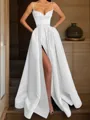 A-line Spaghetti Straps Sleeveless Delicate Floor-Length Satin Corset Prom Dress With Pockets Slit
