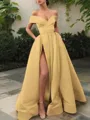 A-line Off-the-Shoulder Sleeveless Sweep Train Balanced Satin Prom Dress With Pockets Slit