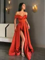 A-line Off-the-Shoulder Sleeveless Sweep Train Balanced Satin Prom Dress With Pockets Slit