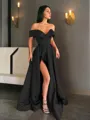 A-line Off-the-Shoulder Sleeveless Sweep Train Balanced Satin Prom Dress With Pockets Slit