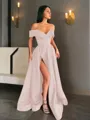 A-line Off-the-Shoulder Sleeveless Sweep Train Balanced Satin Prom Dress With Pockets Slit